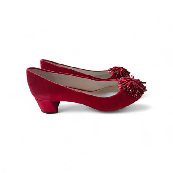 NWOB Anne Klein Red Suede Cocktail Heels - Gold Metallic Trim & Pom-Pom - Picture 4 of 5